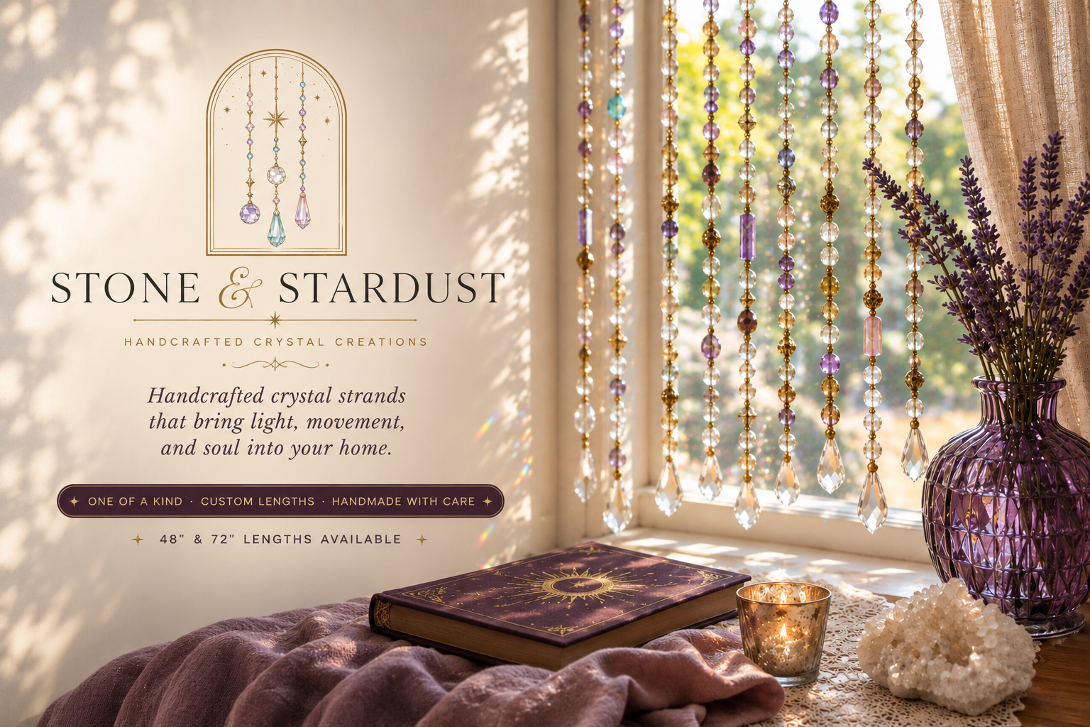 Handcrafted beaded window strands in warm natural light